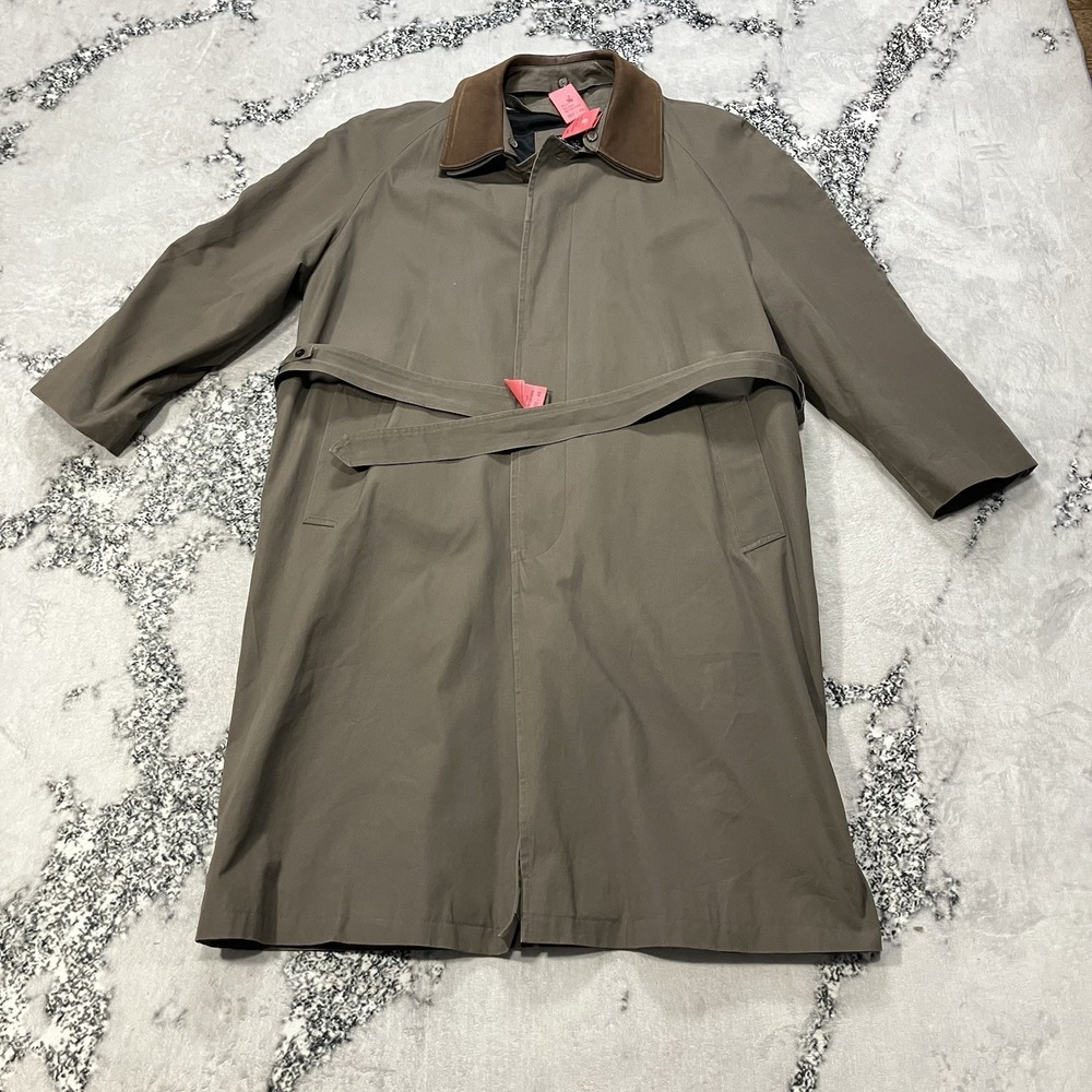 Jos A Bank Trench Coat Olive Leather Collar Belted Mens Size 44R Business